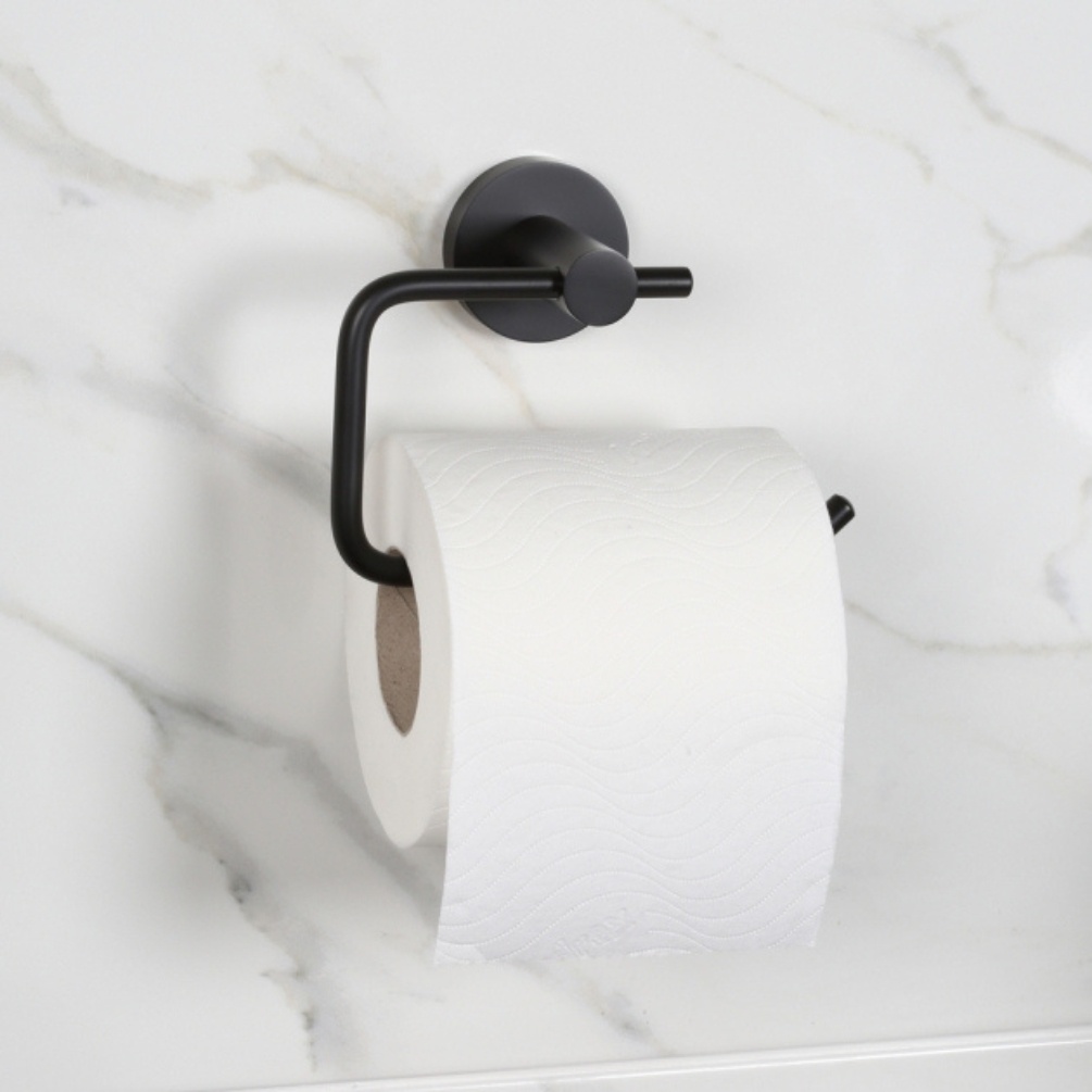 Lifestyle image of the Bristan Round Black Toilet Roll Holder with toilet roll